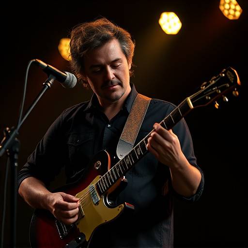 Portrait d'un musicien avec une guitare, utilisant l'√©clairage cr√©atif du studio Black Box pour un effet dramatique.