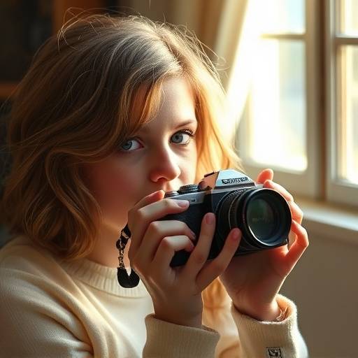 Sophie Dubois, la fondatrice de Studio Lumi√®re Lyonnaise, travaillant avec un appareil photo vintage